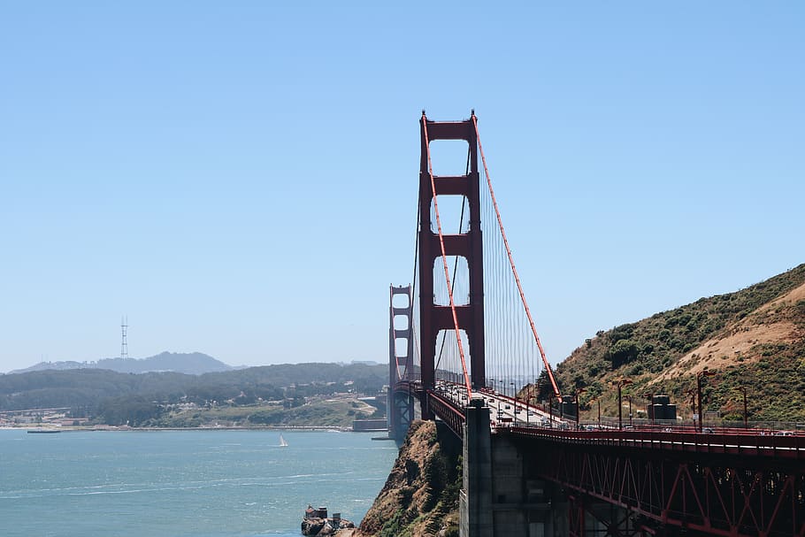bridge beside mountain, sun, summer, sky, city, landscape, travel HD wallpaper