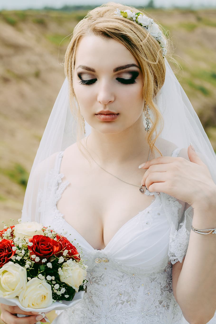 Woman Wearing White Lace Surplice-neck Wedding Gown, beautiful
