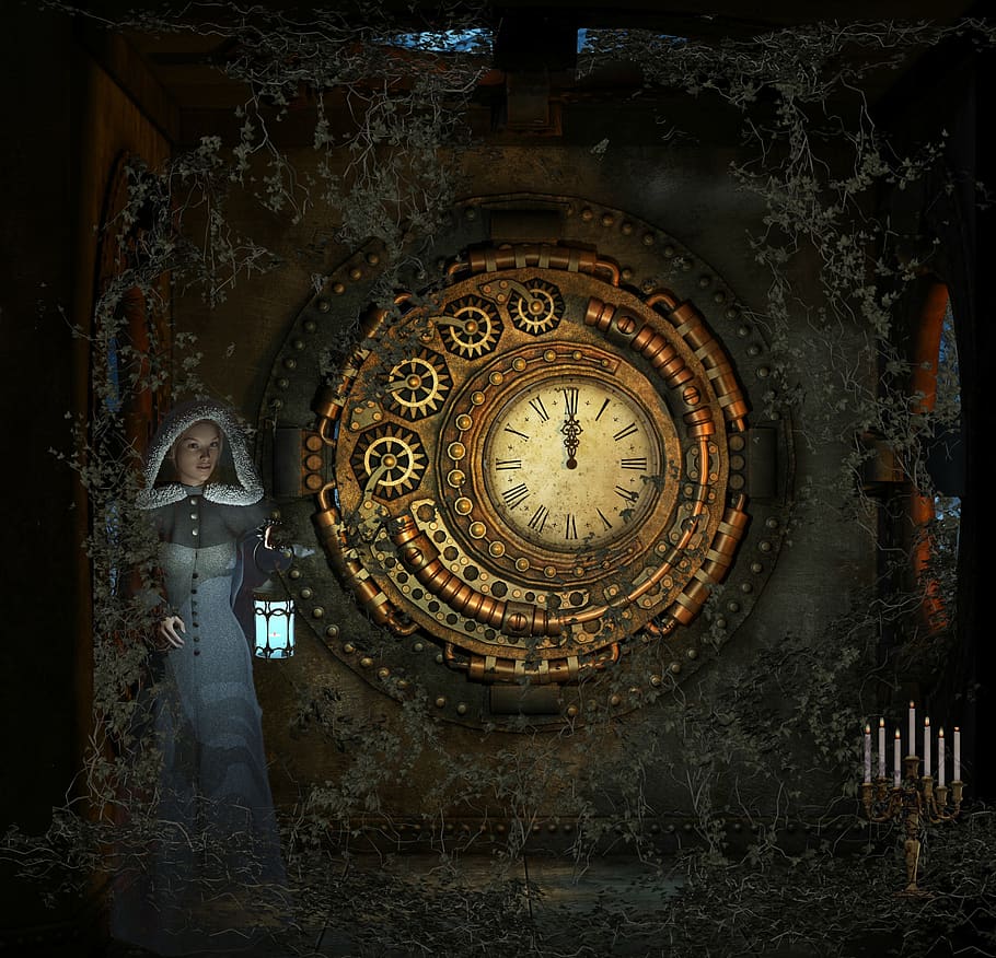 fantasy, night, mysteriously, clock, candles, lantern, composing HD wallpaper