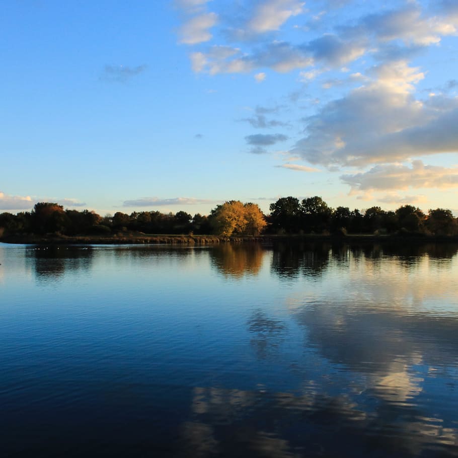 sky, blue, clouds, landscape, lake, reflection, tree, trees HD wallpaper