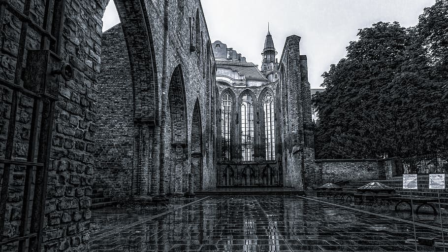 sw, ruin, black and white, mirroring, building, stone, substantiate, HD wallpaper