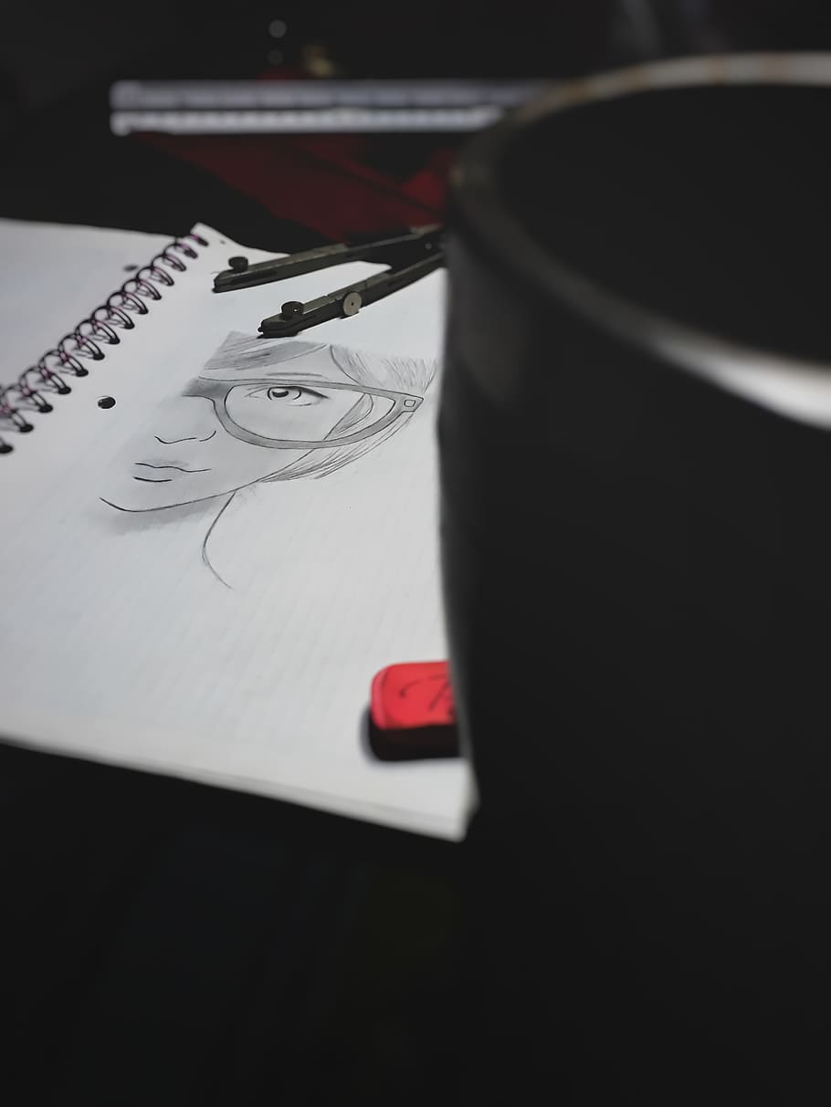 glasses, draw, draws, sketch, compas, notebook, drawing, indoors HD wallpaper