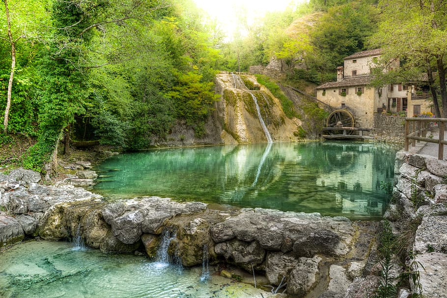 mill, waterfall, mountain, cave, wheel, energy, hdr, scenic HD wallpaper