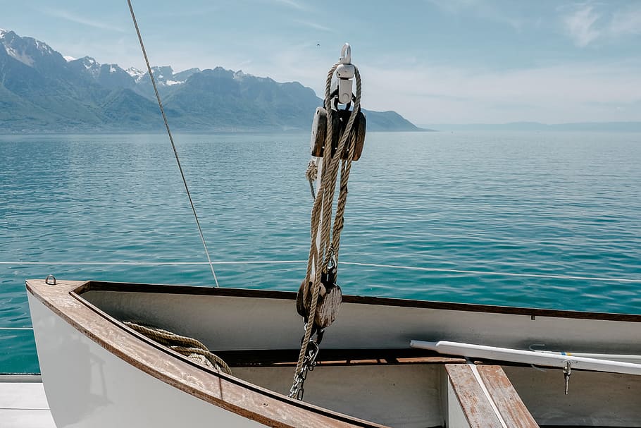 Boat on Lake Geneva, alpine, anchor, background, beautiful, beauty, HD wallpaper