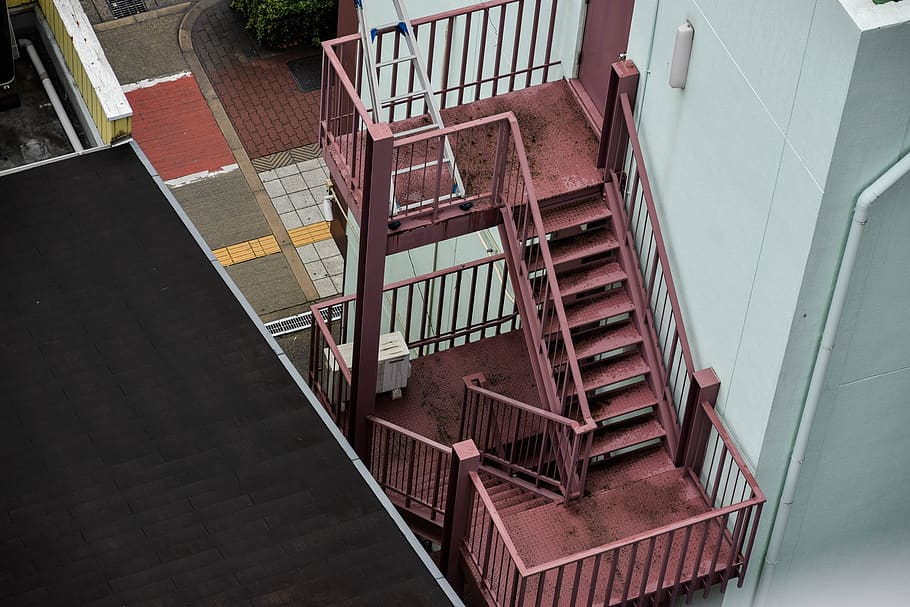 japan, osaka, street, stairs, shapes, aesthetic, red, architecture
