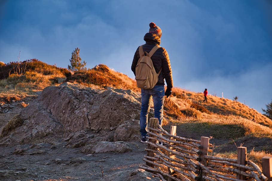 landscape, mountain, summit, clouds, sunset, man, silhouette HD wallpaper