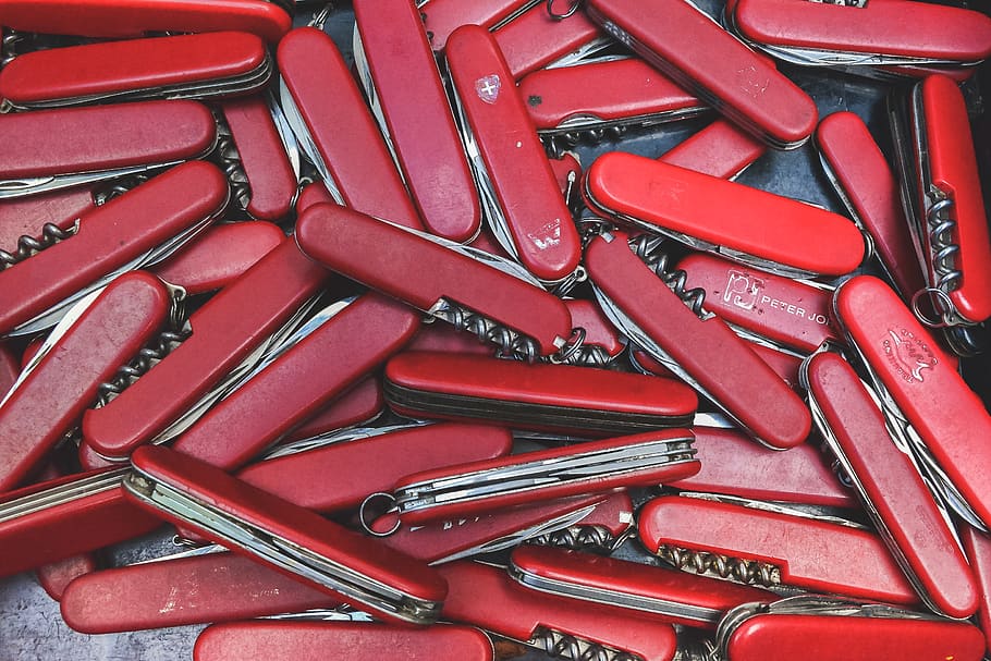 red Swiss pocket knife lot, waterlooplein market, amsterdam, netherlands, HD wallpaper