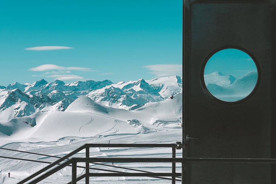 mountain, landscape, peak, summit, snow, trees, stairs, view HD wallpaper