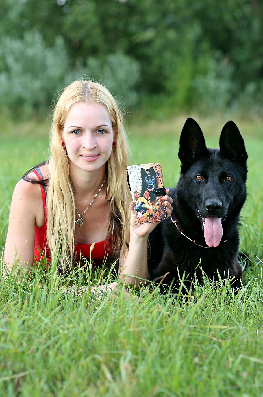 HD wallpaper: black german shepherd, dog, blonde woman, friendship ...