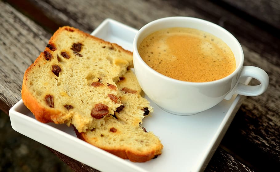 White Tea Cup With Coffee Near Bread on White Ceramic Plate, caffeine HD wallpaper