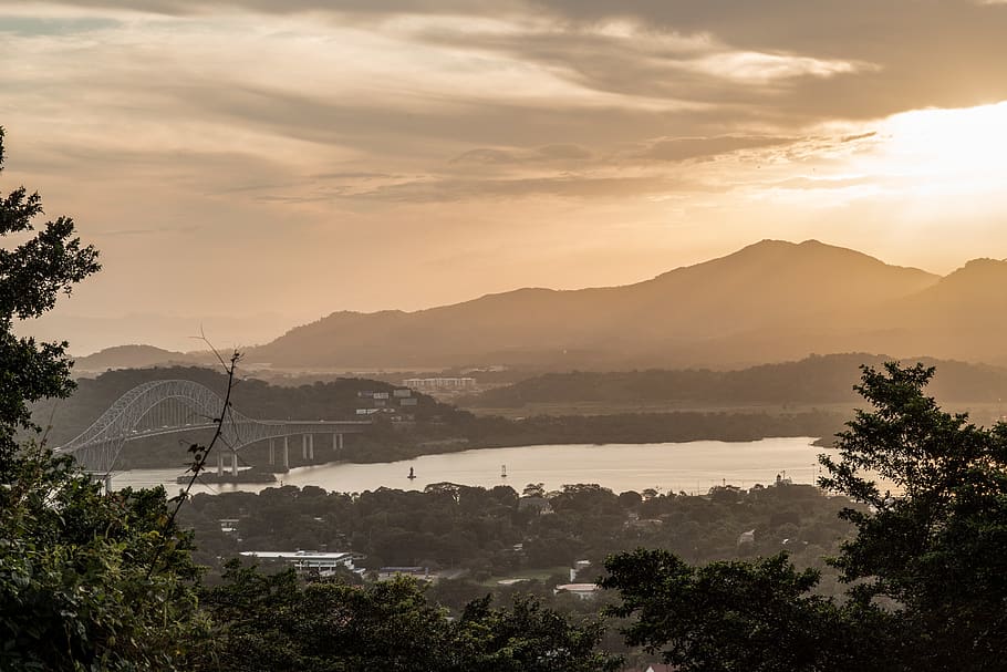 Top View Photography of Bridge, clouds, fog, forest, golden hour HD wallpaper