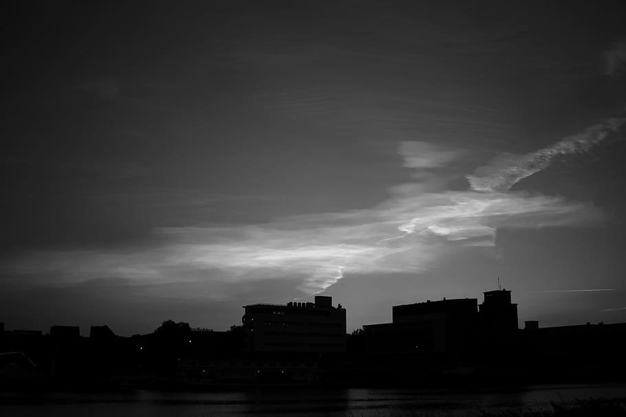 sky, sunset, house, river, blackandwhite, bw, clouds, building exterior HD wallpaper