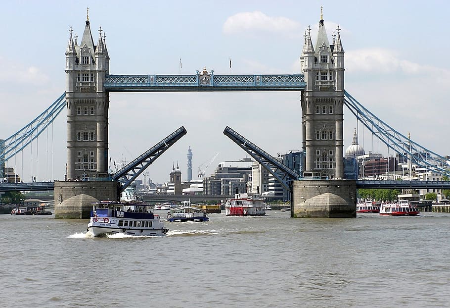 bridge, tower, construction, architecture, route, sea, river HD wallpaper