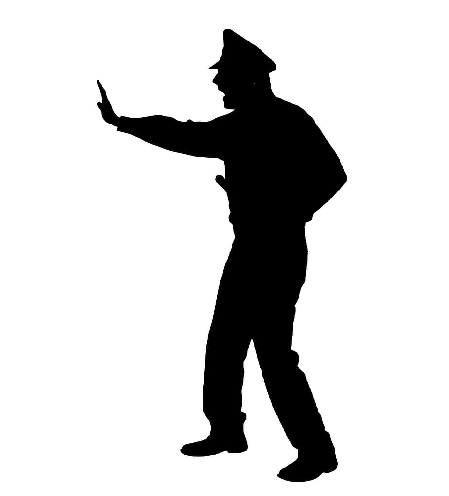 policeman, officer, uniform, stop, warning, pointing, hat, crime HD wallpaper