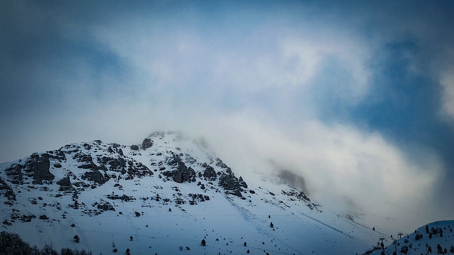 Snow Covered Mountain Under Cloudy Blue Sky, altitude, clouds HD wallpaper