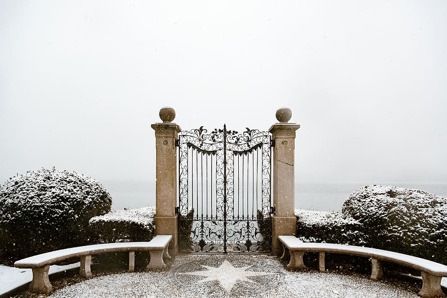 Closed Black Metal Gate, benches, cold, columns, daylight, daytime HD wallpaper