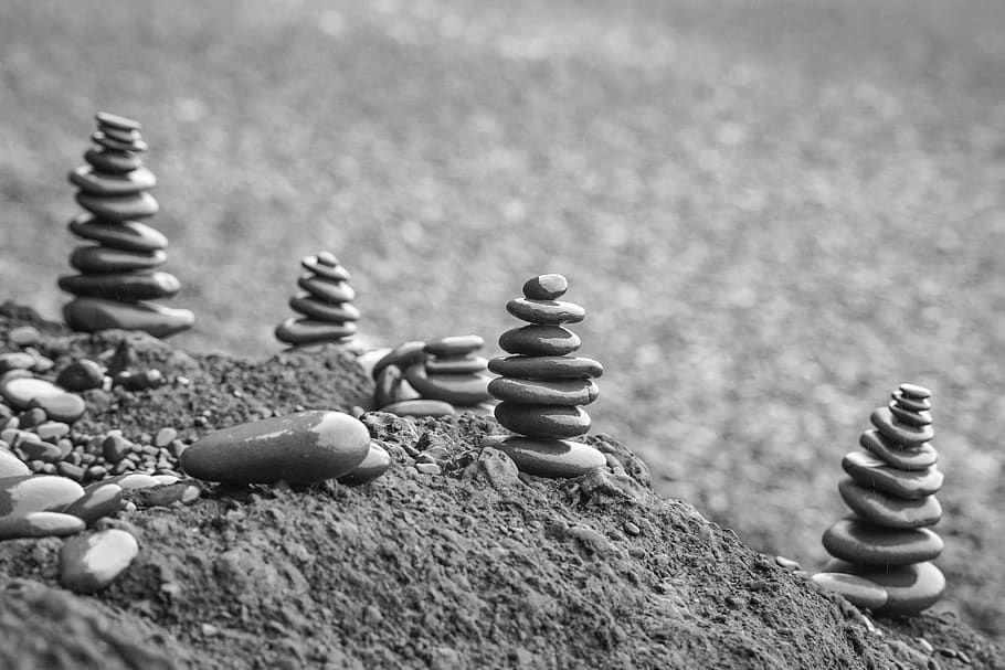 grayscale photo of cairn, pebble, sand, vik, iceland, outdoors, HD wallpaper