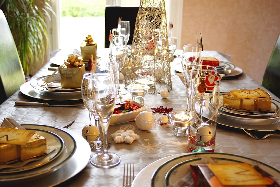 table, christmas, xmas, meals, party, decoration, gift, dishes, HD wallpaper