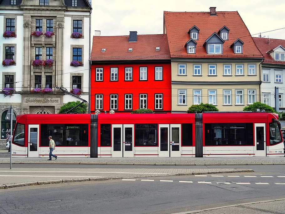 red painted house, person, human, transportation, vehicle, train HD wallpaper