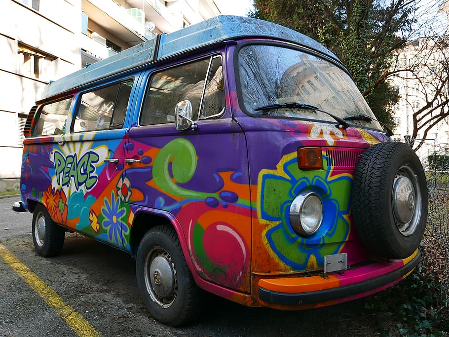 switzerland, geneva, bus, camper, vw, hippie, colorful, peace, HD wallpaper