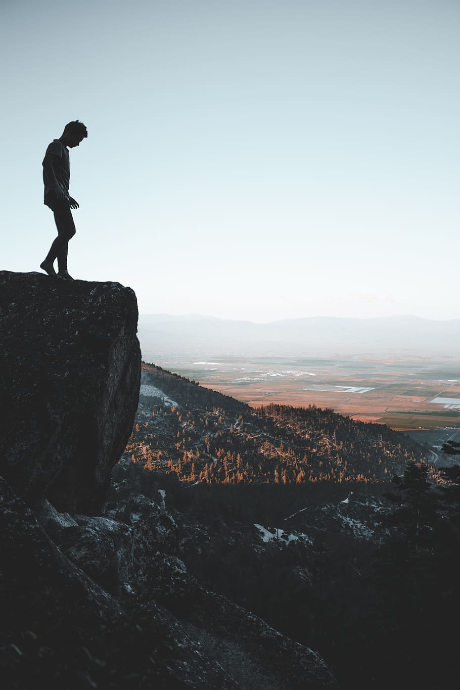 man standing on cliff, silhouette, sunset, exploring, explore HD wallpaper