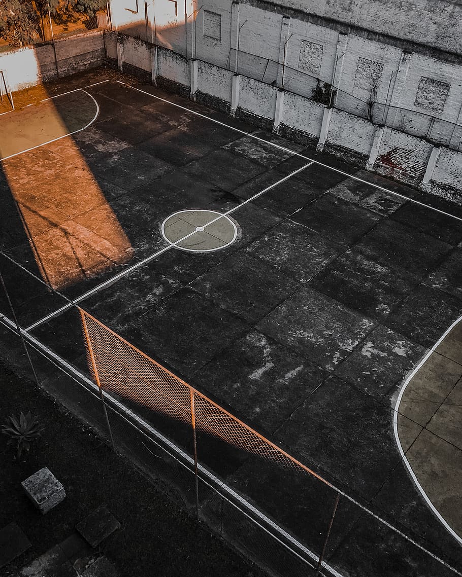 bird's eye view of basketball court, high angle view, no people