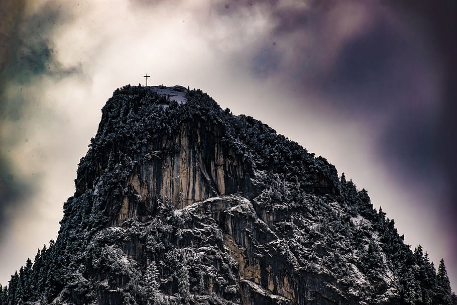 Low Angle Photography of Cross on Top of Mountain, clouds, daylight HD wallpaper