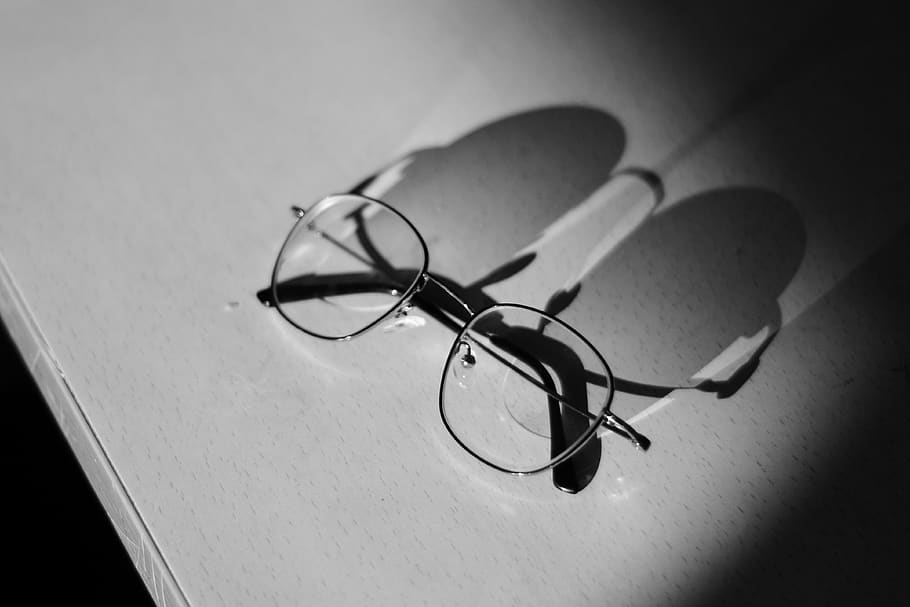 silver eyeglasses on table, shadow, vision, black and white, vintage HD wallpaper