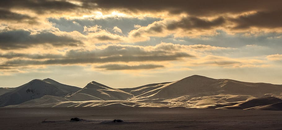 sunset, landscape, mountains, clouds, snow, winter, sky, environment HD wallpaper