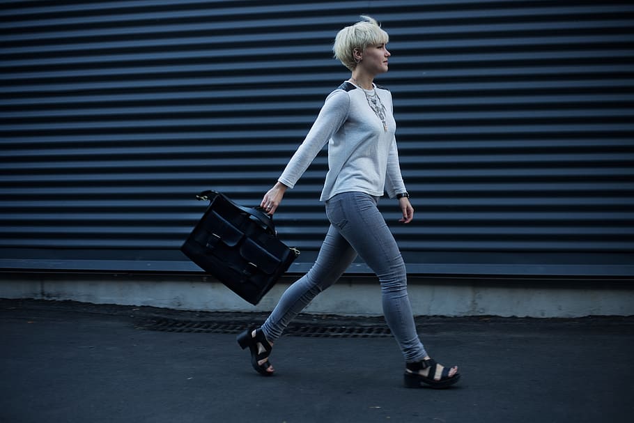 Woman Holding Black Leather Handbag Walking on The Street, adult, HD wallpaper