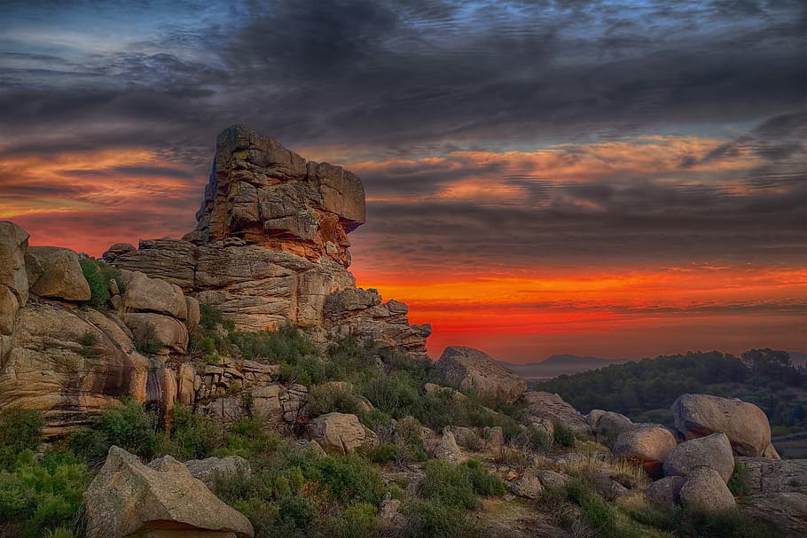landscape, rocks, sunset, sky, clouds, nature, rock formation HD wallpaper