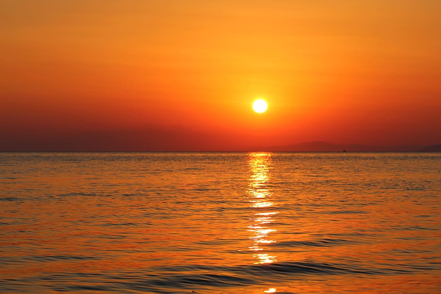 sunset, sea, sky, water, ocean, dusk, reflection, romantic HD wallpaper