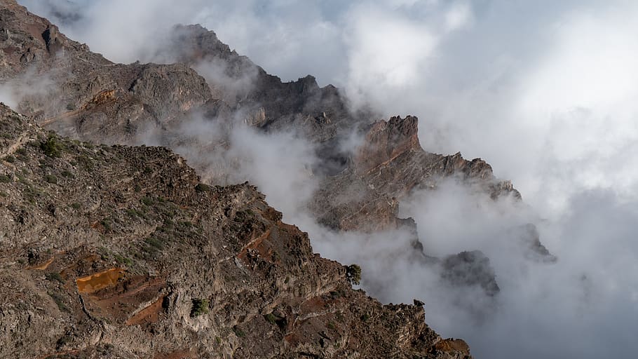 volcanic crater, cloud mood, caldera de taburiente, landscape, HD wallpaper