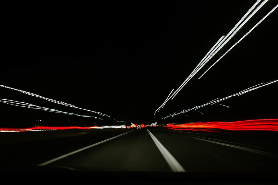 red and gray wallpaper, illuminated, light trail, motion, night HD wallpaper