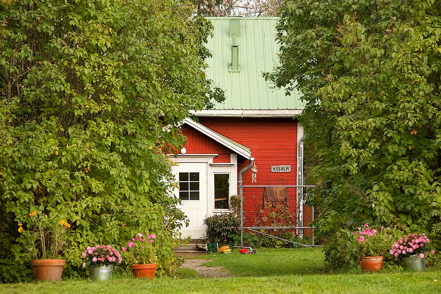 red, house, green, grass, trees, hut, living, place, flowers HD wallpaper