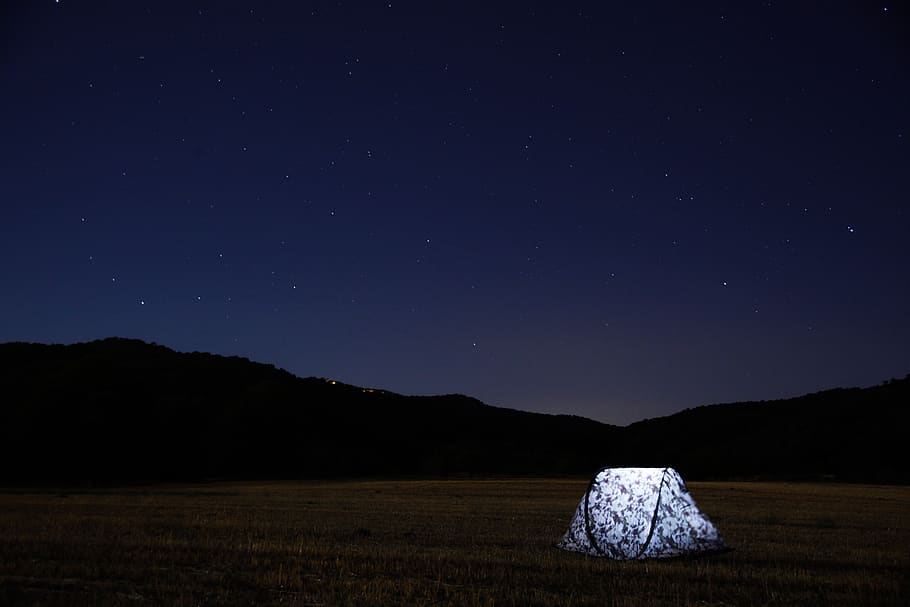 camp, forest, woods, dark, night, star, travel, adventure, sky HD wallpaper