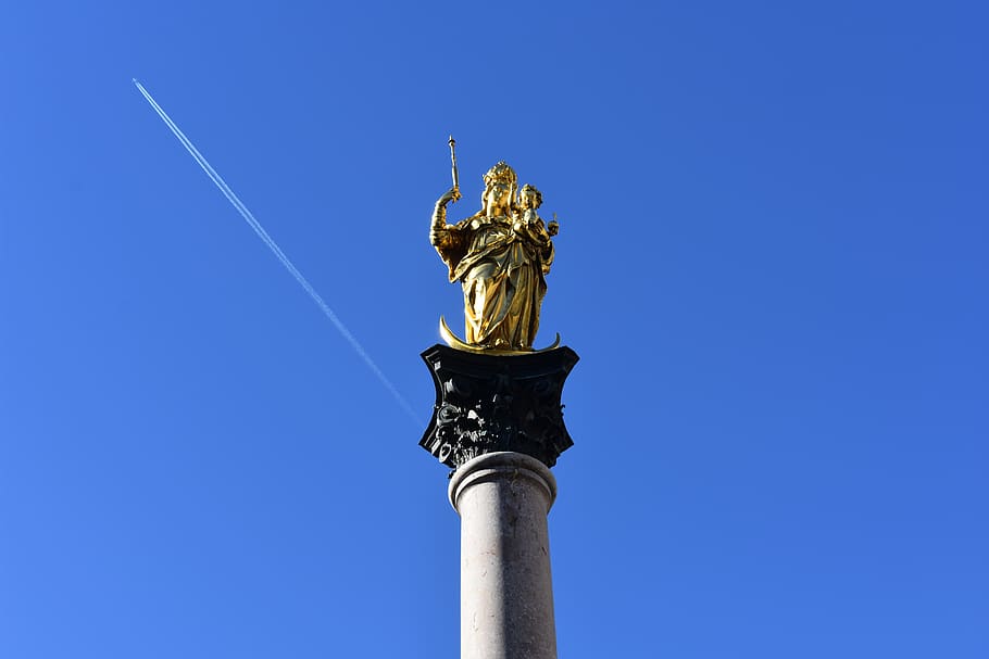 munich, marienplatz, marian column, statue, virgin mary, landmark, HD wallpaper