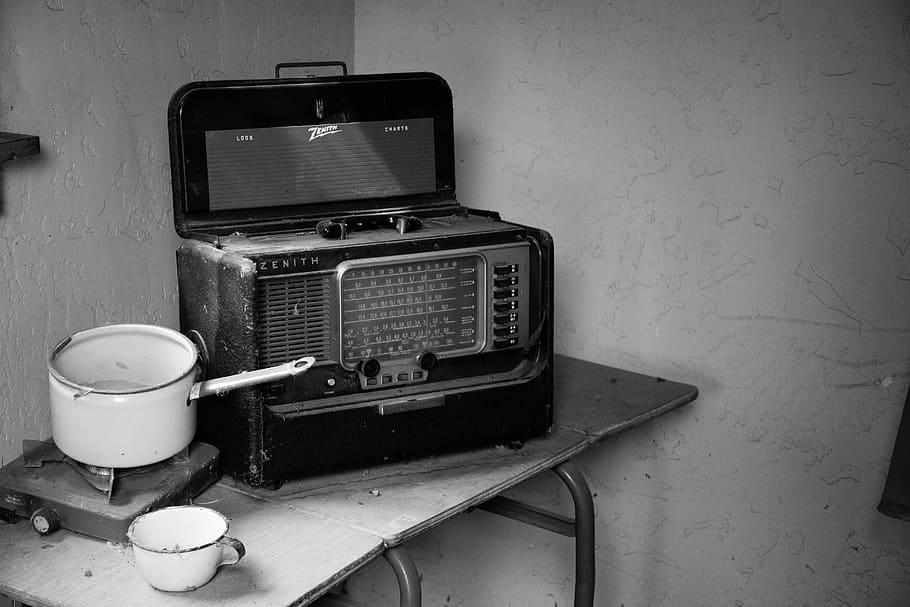 Grayscale Photo Of Vintage Radio Beside Stove With Cooking Pot, HD wallpaper