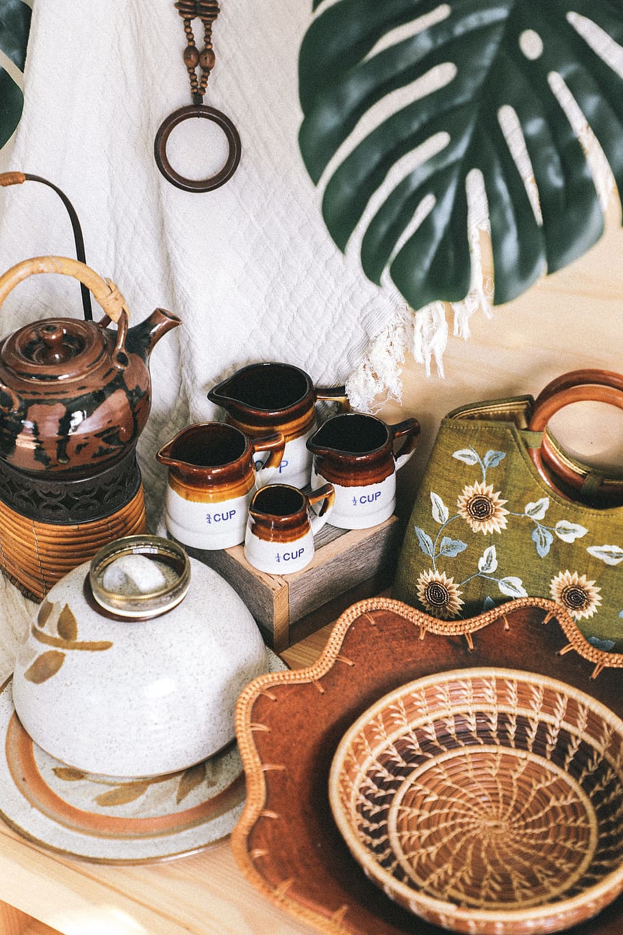 ceramic container near basket and bowl beside bag, pottery, leaf HD wallpaper