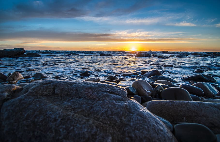sunset, rocks, beach, sea, nature, water, landscape, outdoors HD wallpaper