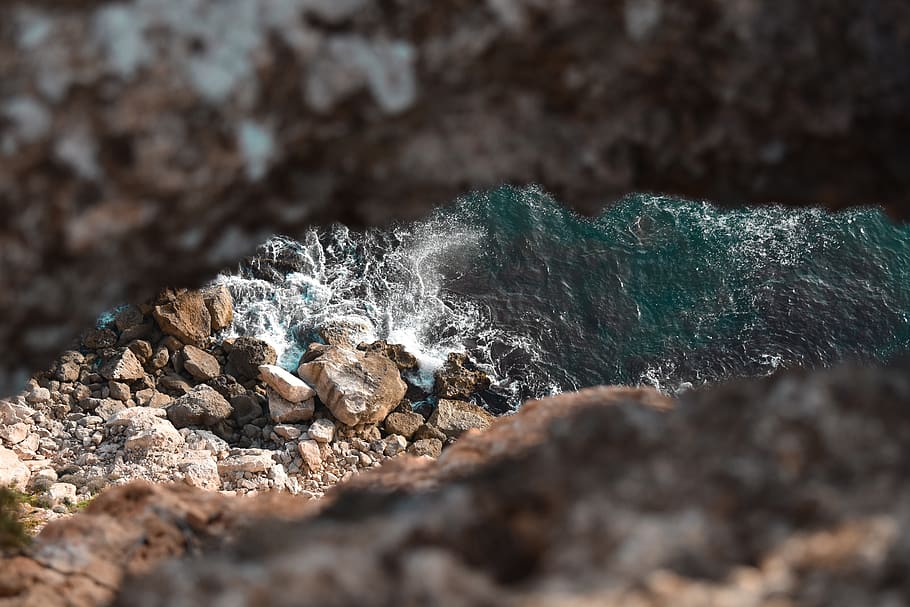 formentera, cliff, hole, sea, rocks, island, turquoise, waves, HD wallpaper