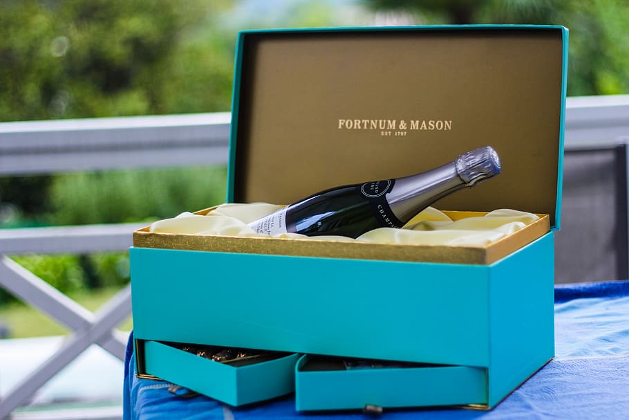 Fortnum And Mason Bottle On Blue Box, celebration, champagne HD wallpaper