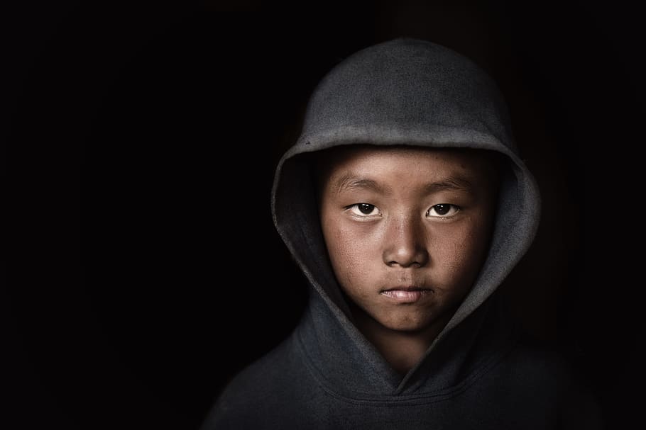 boy wearing gray hoodie, black, portrait, tribe, culture, sad