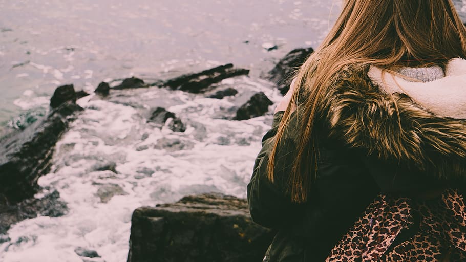 Woman Looking at the Water, beach, cold, daylight, ocean, person HD wallpaper