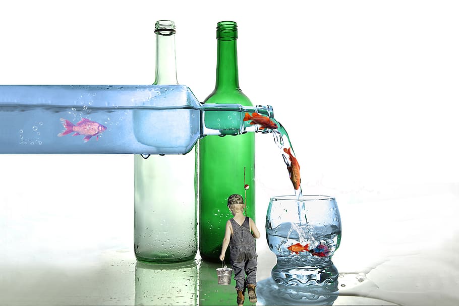 glass, bottles, fish, boy, composing, fantasy, container, refreshment HD wallpaper