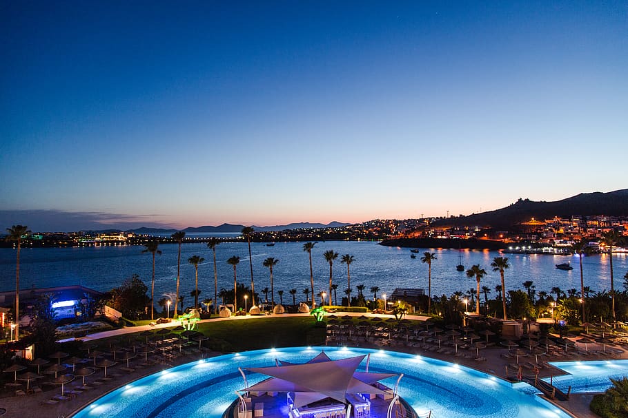 turkey, beach, blue, light, night, ocean, color, city, sky HD wallpaper