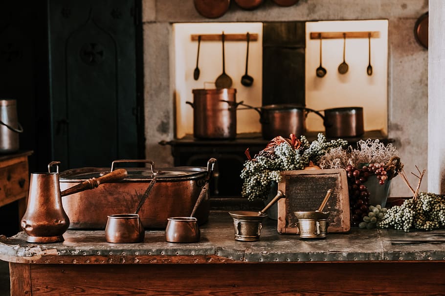 brass-colored containers, plant, indoors, table, no people, wood - material HD wallpaper
