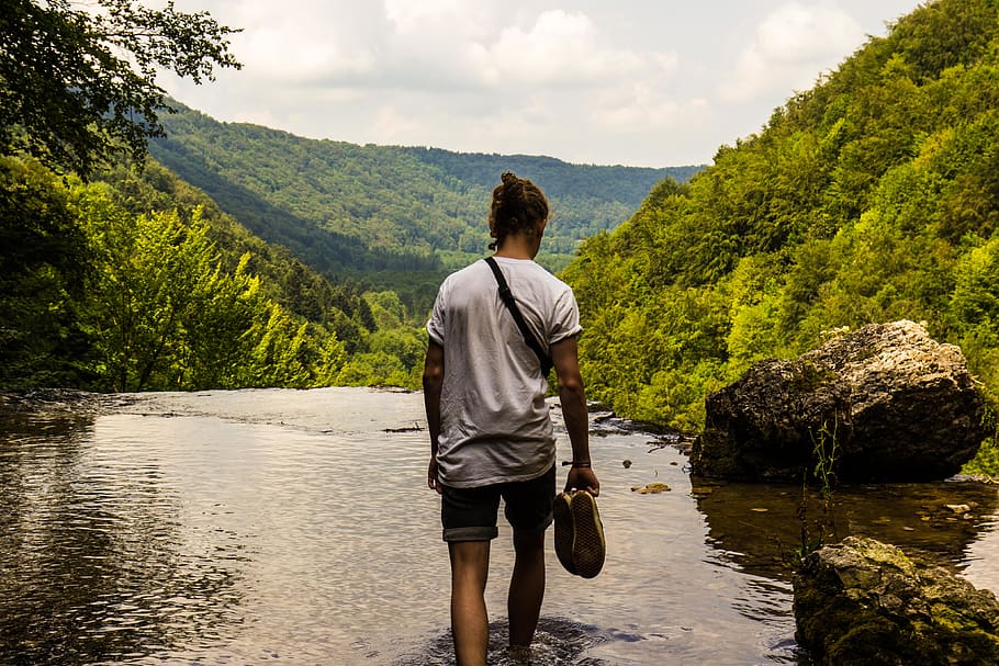 forest, end, waterfall, shoes, dreads, mountains, rear view HD wallpaper