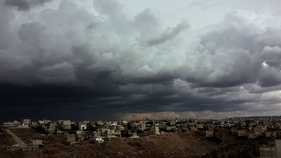 White Concrete Buildings Under Cloudy Sky, clouds, overcast, storm HD wallpaper