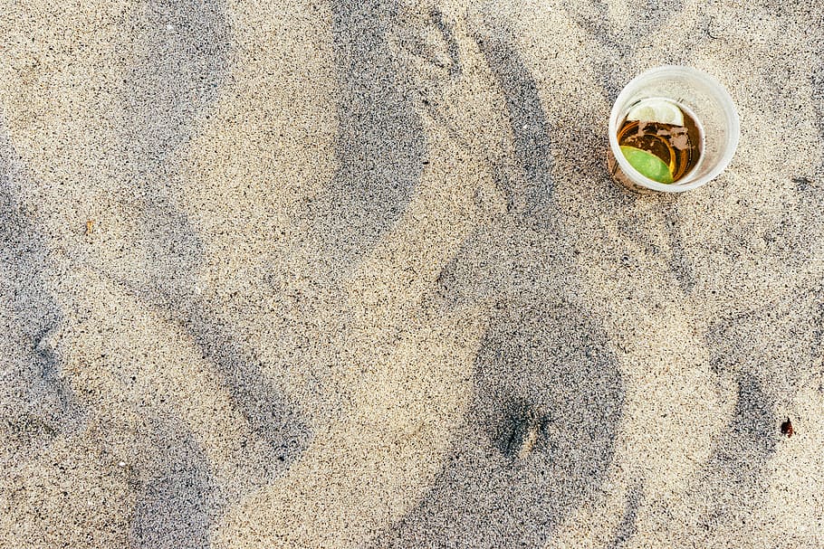 Clear Disposable Cup, beach, drink, sand, high angle view, sunlight HD wallpaper